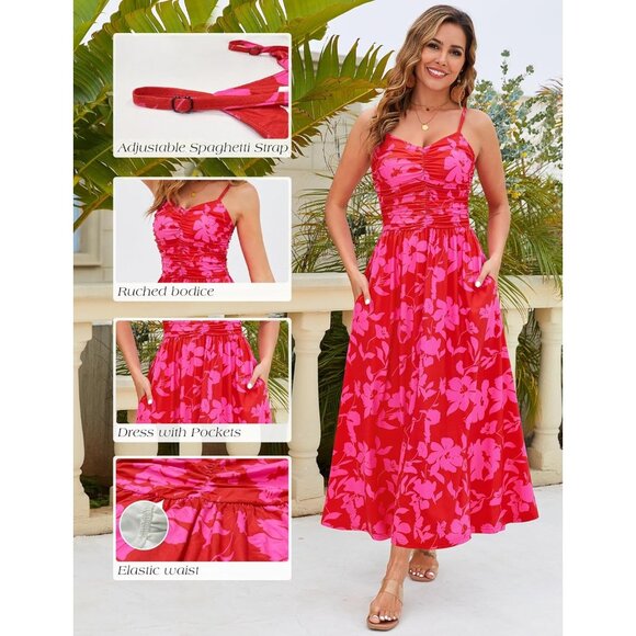 Women's Red Spring Summer Adjustable Spaghetti Strap Floral Beach Long Maxi - Picture 4 of 6